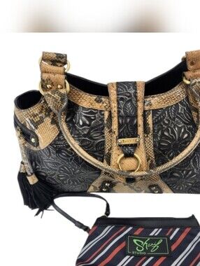 Sharif Black Tooled Leather Shoulder Bag with Tan Snake-Print Accents GUC